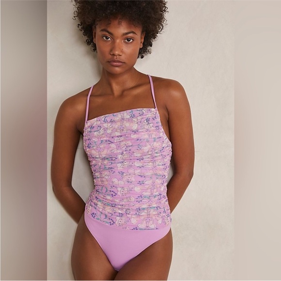 Free People Intimately Lilac Purple Bodysuit Butterfly mesh lace up size L - Picture 2 of 9
